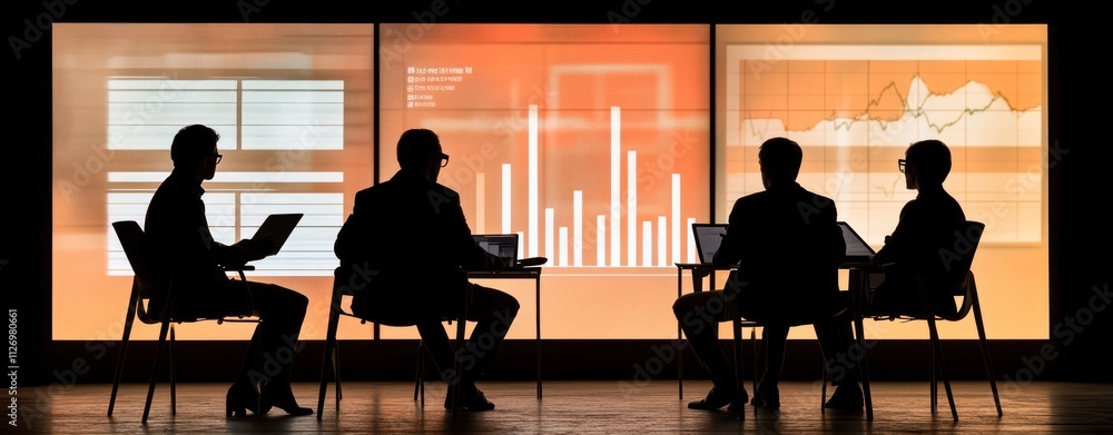 Poster business meeting with silhouettes discussing data visualizations on a screen.