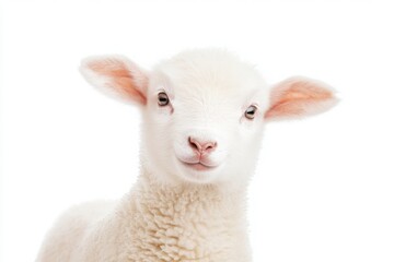 Close-up portrait of a fluffy white lamb posing against a white background, creating a serene and innocent image