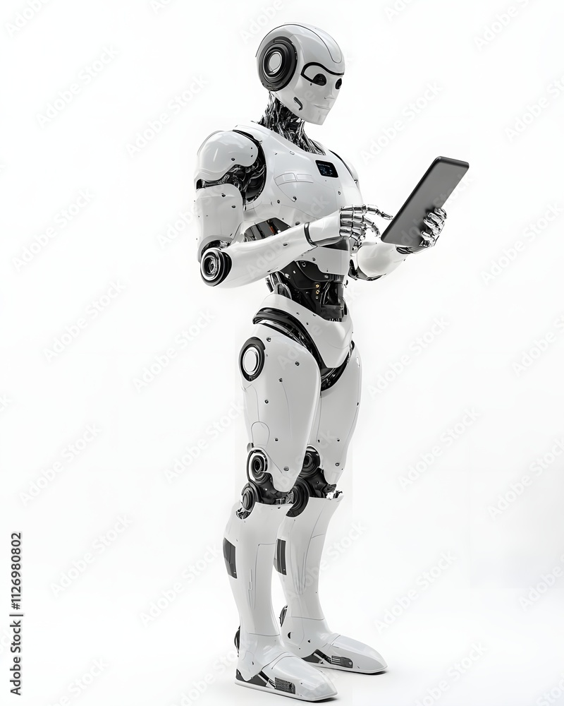 Poster a humanoid robot interacting with a tablet device.