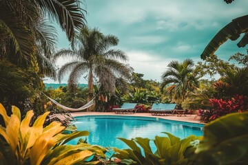 Fototapeta premium A serene poolside scene surrounded by lush tropical plants and a hammock for relaxation.