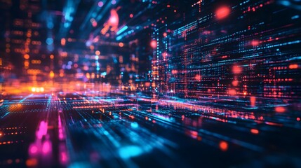 Obraz premium Neon digital streams flow, creating a vibrant, futuristic cityscape. Data pulses with energy.