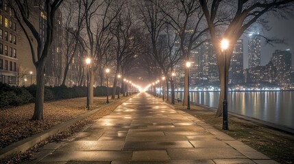 A serene nighttime walkway lined with trees and streetlights, reflecting on a calm water surface.