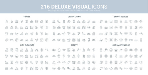 Travel, personal safety protection, car service line icon set. Video and audio device remote control in smart home, urban infrastructure and buildings thin black outline symbols vector illustration