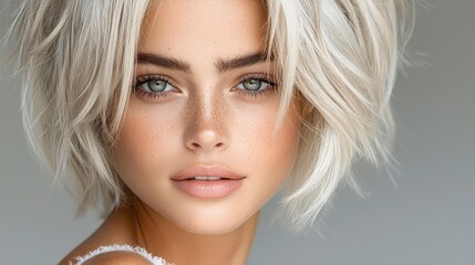 Fototapeta premium Close-up studio shot of a blonde model with full-volume, platinum hair styled in loose waves. The slightly faded roots create an elegant contrast with the hair’s vibrancy, captured in beautiful 