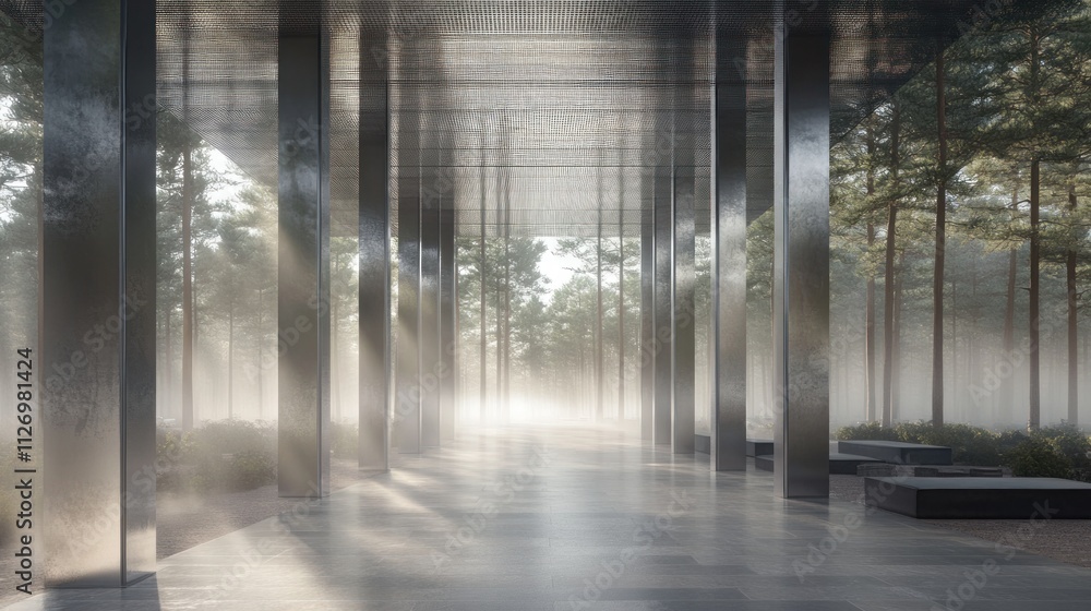 Poster a serene, misty architectural space with tall pillars and soft light filtering through trees.