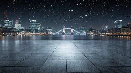 A night view of Tower Bridge with a starry sky and city lights reflecting on the water.