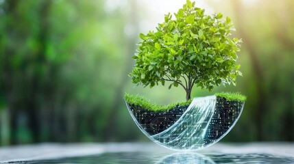 Design a sleek and modern logo that seamlessly blends natural elements like flowing water and lush greenery with advanced technological elements like circuit board patterns and digital displays.