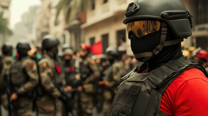 Martial Law Concept, Tense Standoff Scene with Civilians Protesting and Law Enforcement in Urban Environment