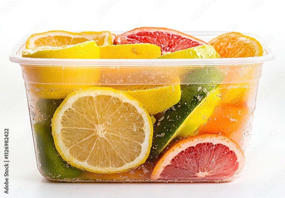 Poster a clear container filled with assorted citrus fruits in sparkling liquid.