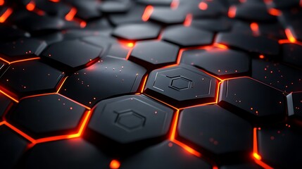 Fototapeta premium Abstract hexagonal dark metallic grid with glowing orange lines.
