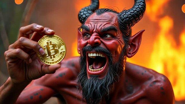 The fire demon holds a bitcoin in the forest, demonstrating greed and avarice and deception.