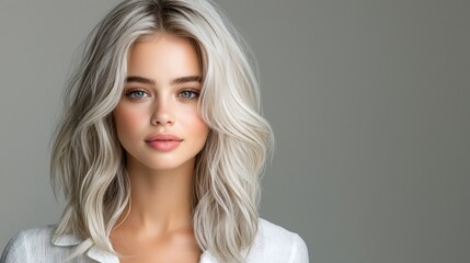 Fototapeta premium Studio portrait of a platinum blonde model with voluminous, soft waves and slightly faded roots. The lighting is soft, highlighting the smooth texture of the hair, against a neutral grey background. 