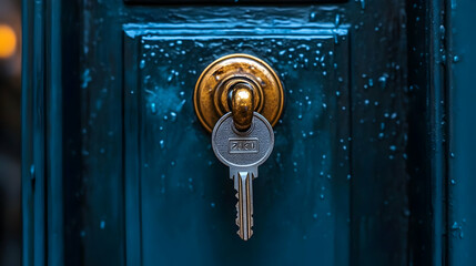 Fototapeta premium Teal Door Keyhole Closeup Photo