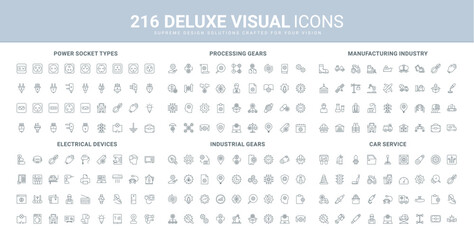 Manufacturing and car service, industry, plug and socket types, gears for industrial and business process line icon set. Garage for equipment repair thin black outline symbols vector illustration