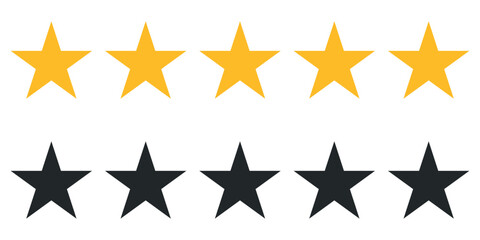 5 Star rating, customer review with yellow stars, 5 rate review, web ranking star icon vector set isolated on white background.
