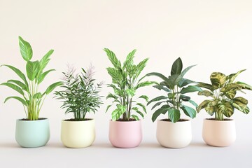 Fototapeta premium set of 3d-rendered ceramic planters in pastel tones filled with indoor plants