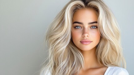 Naklejka premium A beautiful portrait of a blonde model with long, voluminous platinum blonde hair. The studio lighting captures the soft waves and high-volume texture, with a clean grey background and the model 