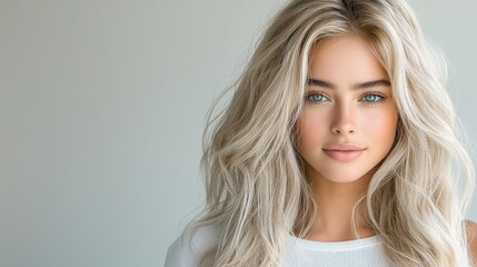 Naklejka premium A beautiful portrait of a blonde model with long, voluminous platinum blonde hair. The studio lighting captures the soft waves and high-volume texture, with a clean grey background and the model 