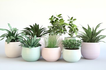Fototapeta premium set of 3d-rendered ceramic planters in pastel tones filled with indoor plants