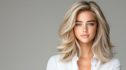 Fototapeta premium A blonde model with platinum blonde hair styled in voluminous waves. Soft lighting captures the smooth texture of the hair, with a grey background and the model in a simple white shirt, looking 