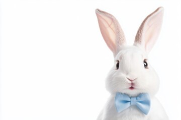 Obraz premium Watercolor illustration of a cute white rabbit wearing a light blue bow tie, isolated on a white background