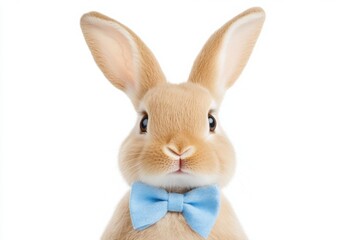 Obraz premium Close-up portrait of a cute rabbit wearing a blue bow tie, isolated on white background