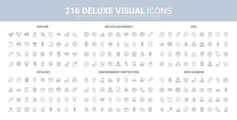 ESG responsibility and strategy, recycling energy, ecology protection line icon set. Carbon footprint, sustainable and renewable nature resources thin black outline symbols vector illustration