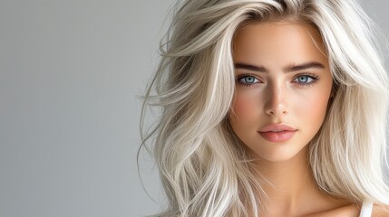 Naklejka premium Close-up studio shot of a blonde model with full-volume, platinum hair styled in loose waves. The slightly faded roots create an elegant contrast with the hair’s vibrancy, captured in beautiful 