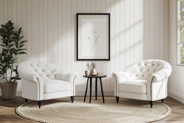 Photorealistic mockup of two white armchairs with black legs, accent table, framed poster, and plants in a cozy living room with neutral tones