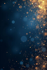 Abstract dark blue and gold particle background with Christmas golden light bokeh, shining particles on navy blue, gold foil texture, festive holiday concept