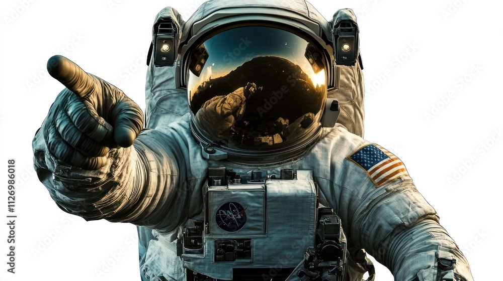 Poster an astronaut in a spacesuit points, reflecting a celestial landscape in the visor.