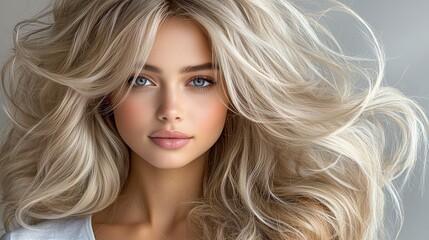 Fototapeta premium High-fashion studio portrait of a blonde model with vibrant, long, and voluminous hair styled in soft waves. The background is a smooth grey, with light focusing on the hair's stunning texture, 