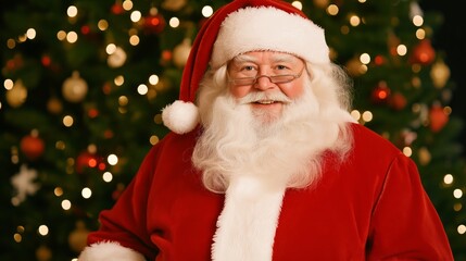 Santa Claus is smiling and wearing a red suit