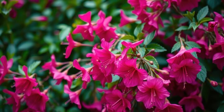 Vibrant fuchsia blossoms in full bloom, showcasing their intricate details against a backdrop of lush green foliage.