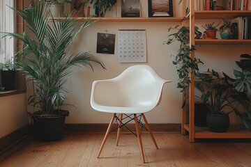  White plastic chair with organic shape, books, calendar, and decorative elements in cozy home office with wooden flooring and plants