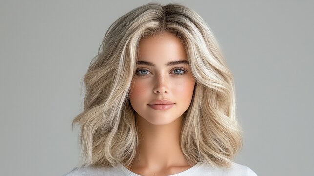 Professional studio shot of a blonde model with voluminous platinum hair styled into soft waves. The lighting highlights the texture and movement of the hair, and the model wears a simple white 