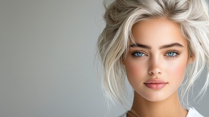 Fototapeta premium Studio portrait of a blonde model with vibrant platinum blonde hair styled in soft waves. The model’s expression is calm, and the detailed lighting emphasizes the full volume of the hair with 