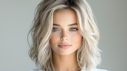 Naklejka premium Studio portrait of a blonde model with vibrant platinum blonde hair styled in soft waves. The model’s expression is calm, and the detailed lighting emphasizes the full volume of the hair with 