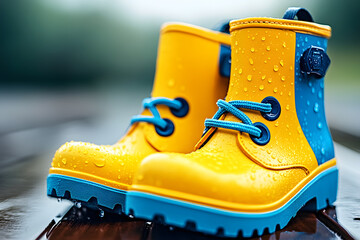 Farbenfrohe Kinderregenstiefel mit Wassertropfen auf nassem Untergrund
