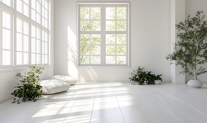 Crisp White Room Featuring Rich Wooden Flooring and Elegant Green Plants
