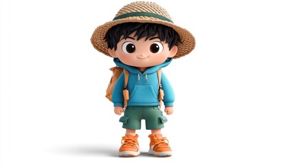 A cheerful cartoon boy in a hat, backpack, and casual outfit, ready for an adventure.
