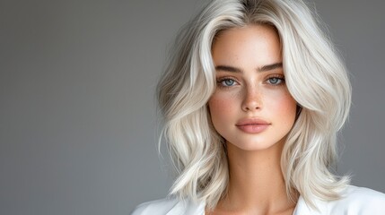 Fototapeta premium Stunning studio shot of a blonde model with smooth, voluminous platinum hair, styled in soft waves. The lighting highlights the natural texture, and the grey background complements the model’s 
