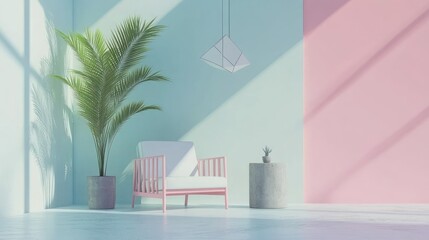 A serene, modern interior featuring a pastel color scheme and indoor plants.