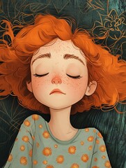 Illustration of a young girl with red hair close eyes