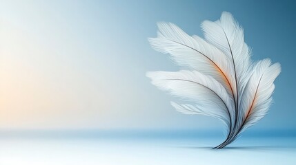 Beautiful light blue gradient background with smooth curves, delicate wavy lines, soft edges, and a warm atmosphere, adorned with white feathers and colorful light effects, ultra-realistic and 