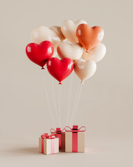 gift box with red hearts, balloons heart shape red and beige and gift boxes on beige color background, valentine concept, 3d rendering.