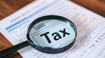 Close-up View of a Magnifying Glass Highlighting the Word Tax on a Financial Document