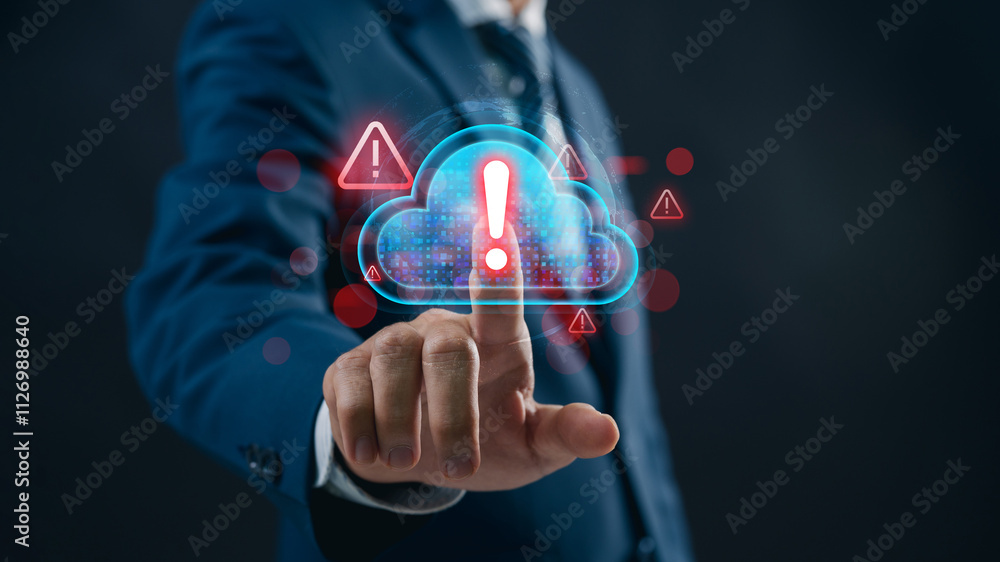 Leinwandbilder cloud data security alert, business professional interacting with cloud data security warning interf