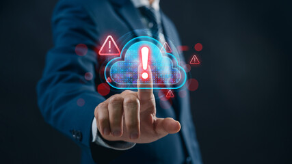 Cloud Data Security Alert, Business Professional Interacting with Cloud Data Security Warning Interface, Critical Alerts, Cyber Risk Management, and Innovative Solutions for Safe Digital Operations