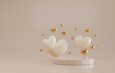 studio scene settup of beige or white pedestal with beige and gold hearts floating, valentine...